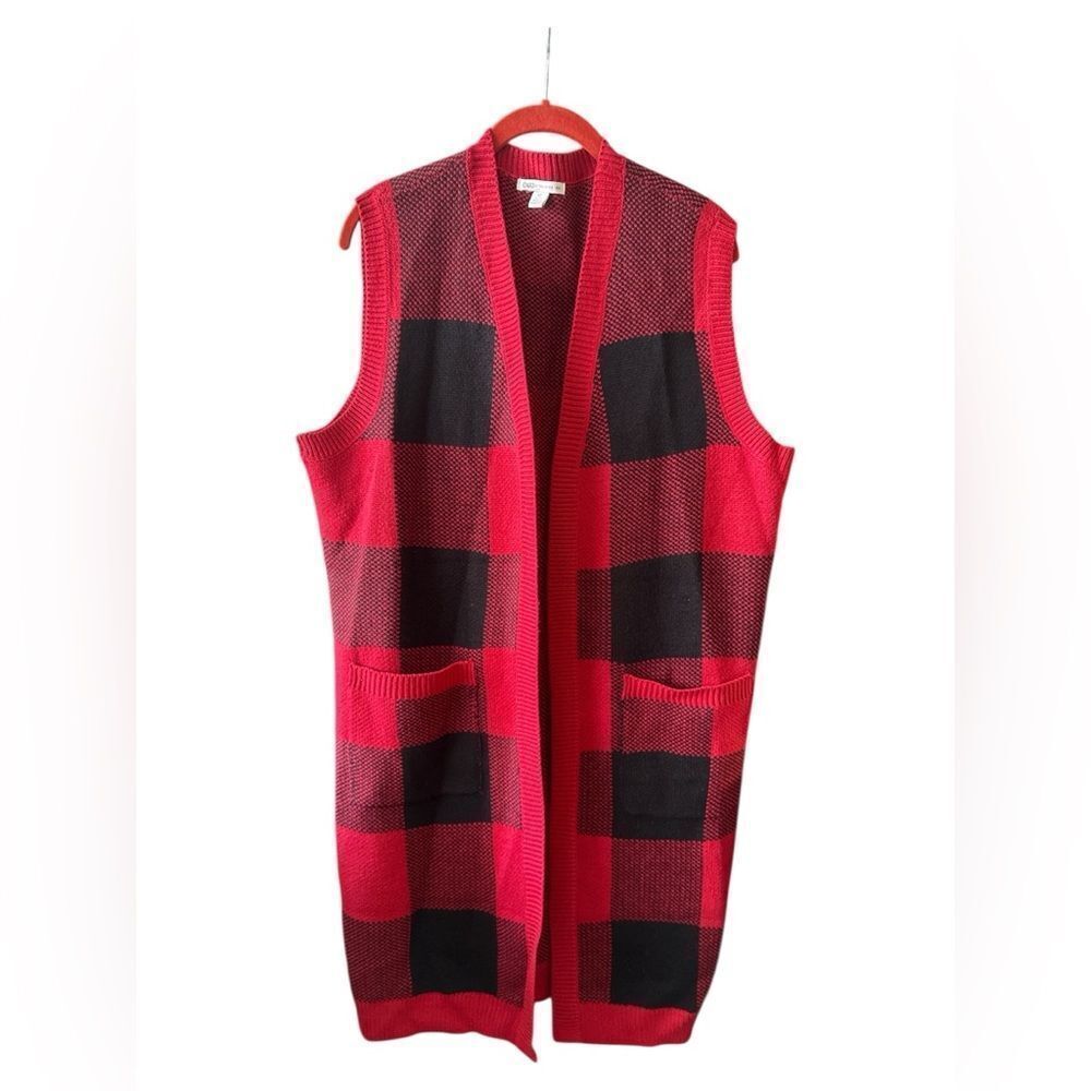 Cato Vibrant Red and Black Knit Sweater Cardigan Jacket Checker pattern